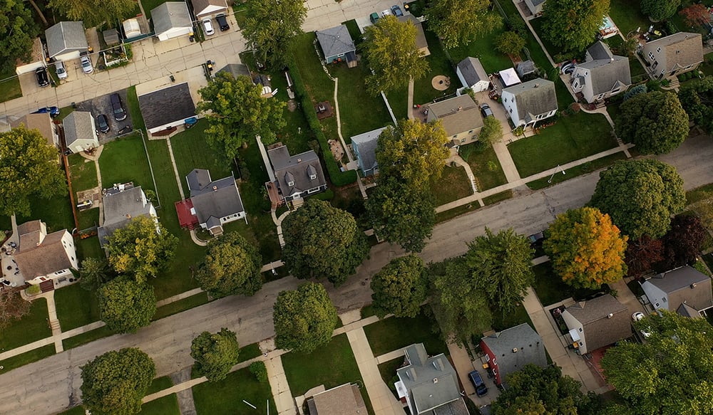 Aerial view of suburban neighborhood