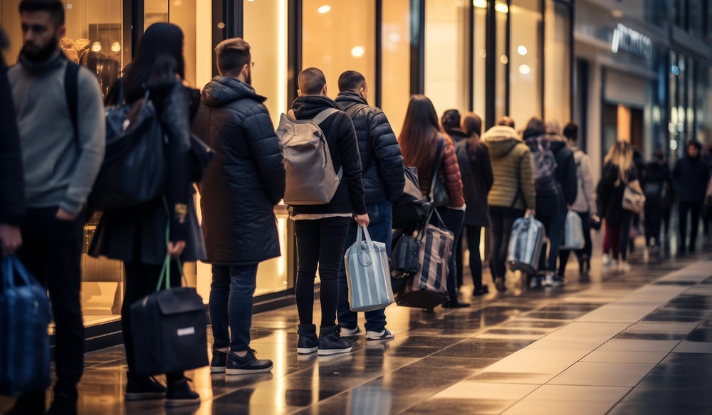 Customers waiting in line outside retail store in mall